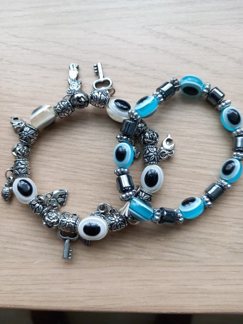 2 X  Blue Evil Eye And White Bead Protection Bracelet Jewellery - Charms