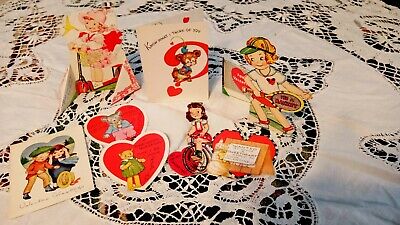 8 Fun Vintage St. Valentine’s Day Cards 1950’s Used Cutouts Tennis Scooter Kitty