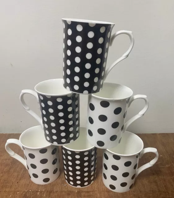 Set of 6 Fine Bone China Spotty Mugs Polka Dots Black & White Coffee Tea Mug Set