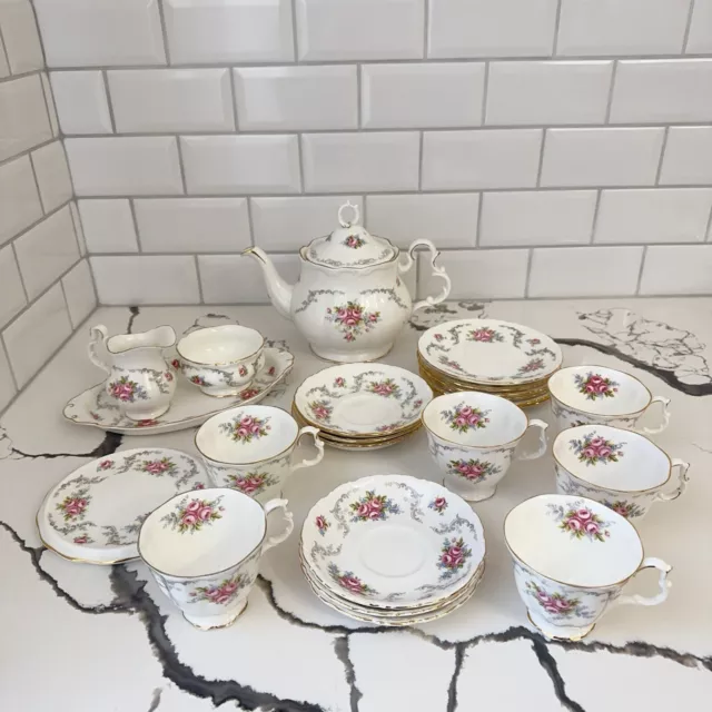 Royal Albert Tranquility Tea set 23 piece, Teapot, Cream, Sugar, And Trays.