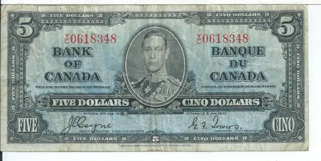 1937 Bank of Canada Serial Number YC 0618348 Pick 58e Currency BankNote