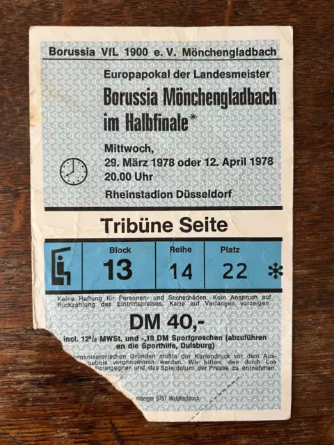 Borussia Monchengladbach v Liverpool FC  European Cup Semi-Final 1978 TICKET