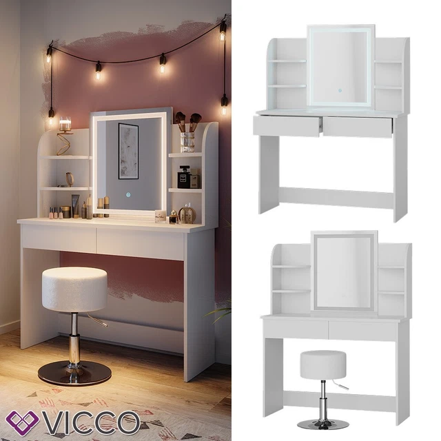 Vicco Coiffeuse Sherry, Blanc, 55cm Avec éclairage LED, Tabouret Et Etagere Miroir
