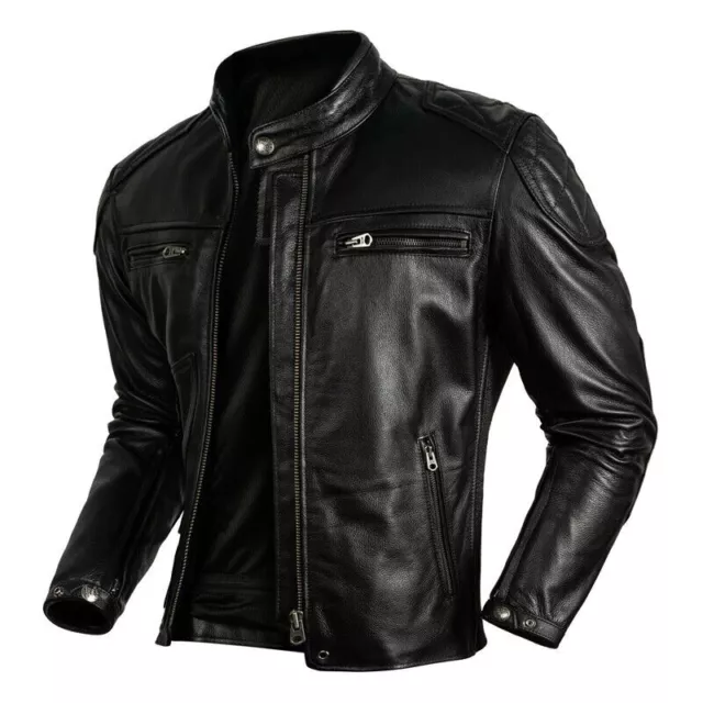 Men's Genuine Cowhide Leather Motorcycle Biker Vintage Racer Black Jacket