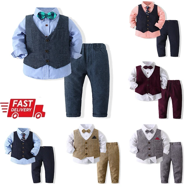 UK Boys Suits 4 Piece Wedding Waistcoat Suit Party Prom Suit Baby-2-8 Age