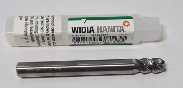 New WIDIA HANITA SOLID CARBIDE 8 x 8 x 16 x 76 x 0.4mm END MILL 4 FLUTE TOOL BIT