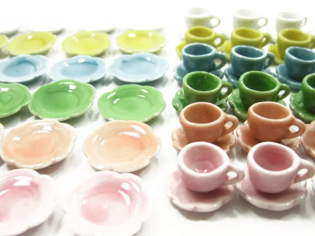 Dollhouse Miniature 90 Mixed Color Ceramic Scallop Plates Dish Cup Saucer 1711