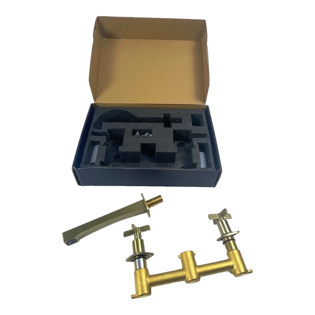 Brushed Gold Wall Mount Bathroom Sink Faucet 3 Holes, 2 Handles NEW OPEN BOX