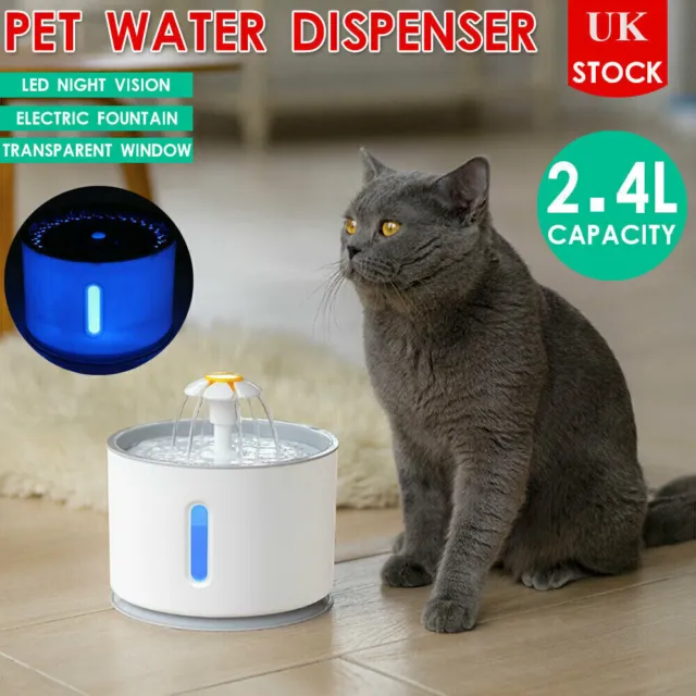 Electric LED Cat Dog Automatic Water Fountain Dispenser Pet Drinking Bowl 2.4L