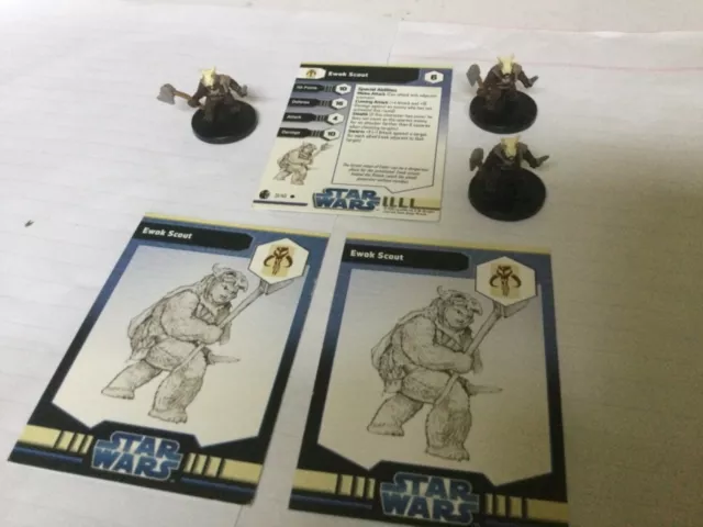 3x Ewok scout Star Wars Miniatures + Stat Card