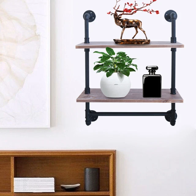 Industrial Pipe Shelf Wall Mounted Shelving Rustic Floating Wood Rack 2-Tier