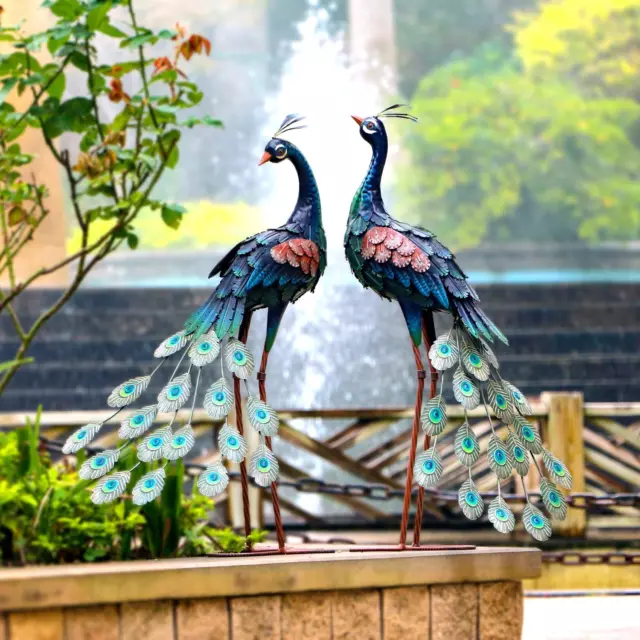 Peacock Statue Garden Decor Outdoor Yard Art Metal Sculptures Standing, Set of 2