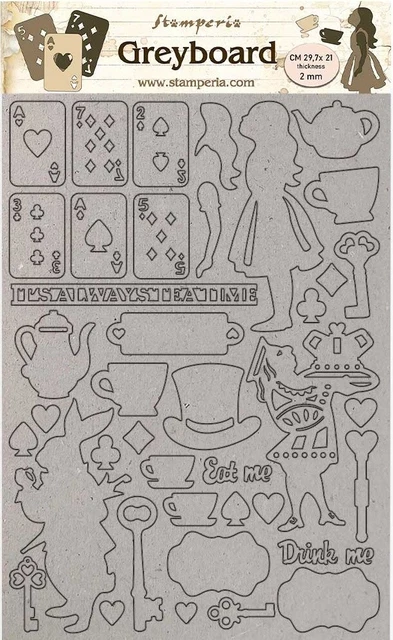 Elementos de Alicia de Greyboard Stamperia Recortes A4 2 mm de Grosor, Paquete de 3