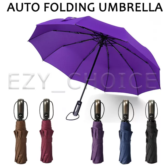 Automatic Folding Umbrella Windproof Auto Open Compact With 10Ribs Fiberglass AU