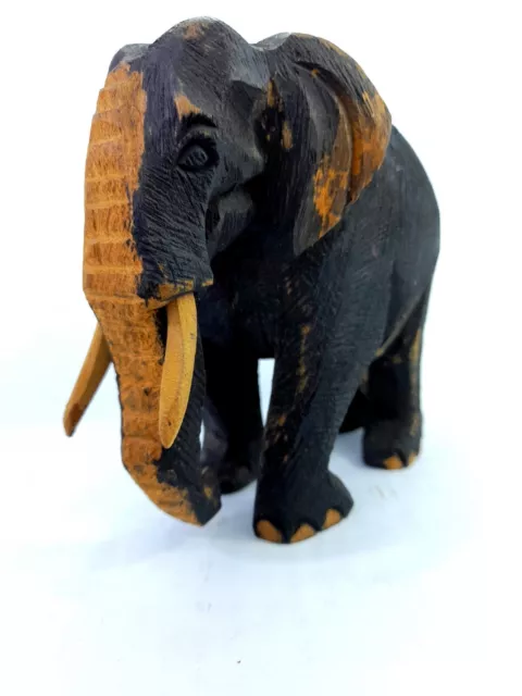 Wood Elephant Statue Hand Carved Wooden Figurine Lucky Trunk Up Sculpture 5.3"