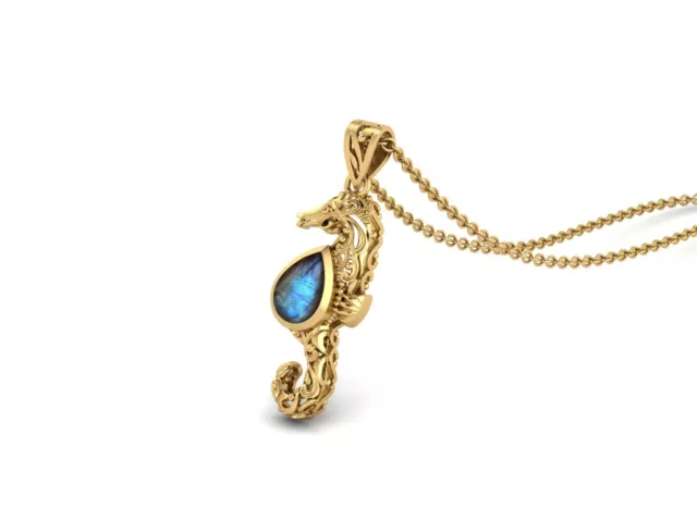 Seepferdchen Fisch Anhänger Birne Form Labradorite 14k Gelbgold Damen Halskette