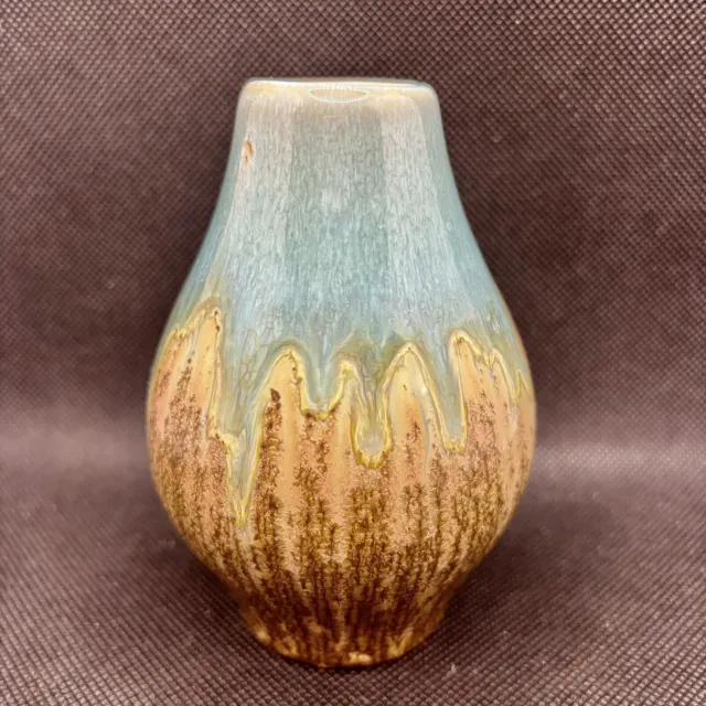 Pottery Turquoise Brown Drip Glaze Metallic Vase  4” Mid Century Modern Vintage