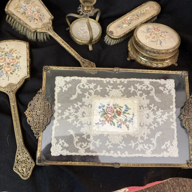 NEW OLD STOCK Vintage Embroidered 3 Piece Petit Point Dressing Table Set  £39.99 - PicClick UK