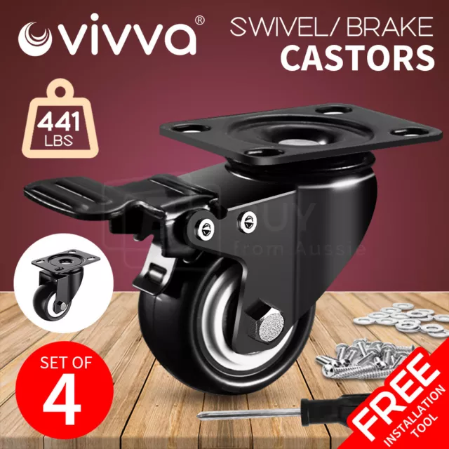 VIVVA  2" 4x Castor Wheels Swivel / Brake Castors Heavy Duty Caster Free Tools