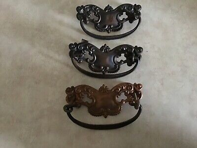3 Antique Ornate Brass Drawer Pulls With Bail Handles,   4”  Wide, 1-3/4” high