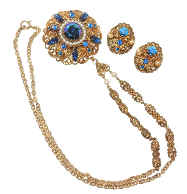 WEST GERMANY Filigree Brass & Blue Glass Rhinestone Pearls Necklace Earring SET