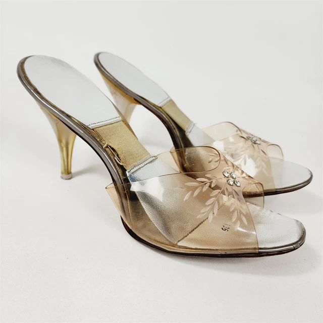 Vintage Silver Clear Rhinestone Pumps Heels Womens Size 9.5