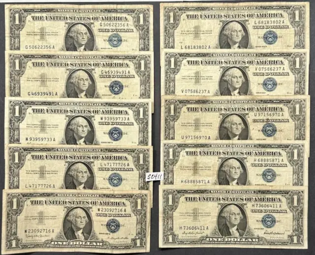 TEN Blue Seal One Dollar Silver Certificates ~ $1 Dollar Silver Certificates