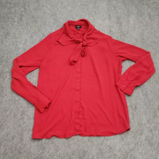 Mossimo Blouse Womens Medium Red Top Tie Neck Flowey Button Up Shirt Ladies *