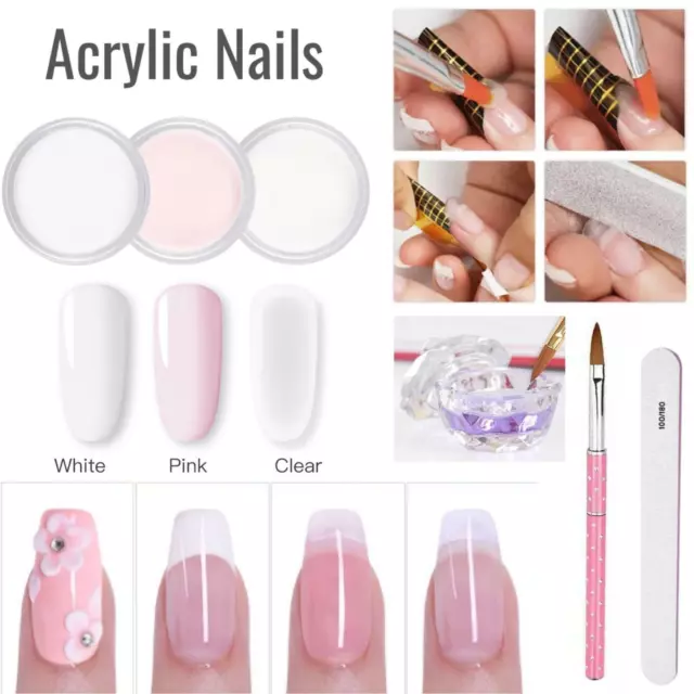 ACRYLIC POWDER SET Nail Extension Manicure KIT Carving Monomer Brush White Pink