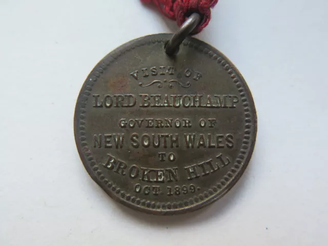 1899 COPPER MEDALET VISIT of LORD BEAUCHAMP GOV NSW to BROKEN HILL QUEEN VIC Pic