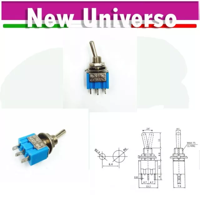 2 PZ. interruttore a levetta ON-OFF-ON 3pin 3 posizioni AC 125V 6A, AC 250V 3A