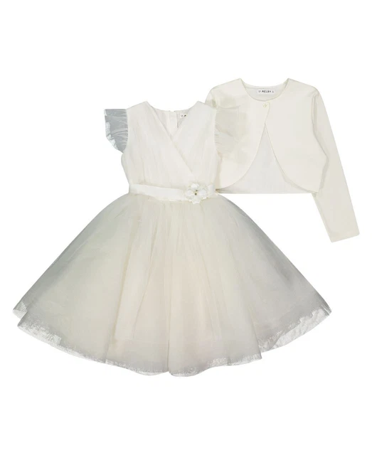 Abito bianco ghiaccio elegante da cerimonia in tulle con giacchino da ragazza -