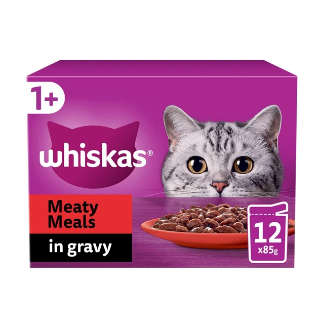WHISKAS meaty meals gravy 1+ adult wet cat food pouches 12 x 85g