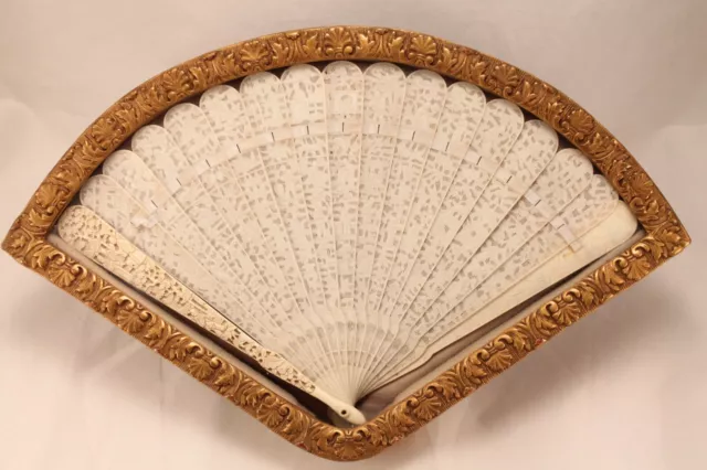 Antique Chinese Export Carved Fan with French Gilt Decorated Frame Repaired