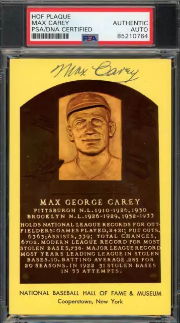 Max Carey PSA DNA Coa Signed Gold HoF Plaque Autograph