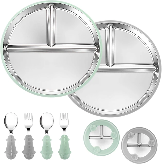 Piatto Bambini Con Ventosa - 3 Scomparti In Acciaio Inox, Antiscivolo, Con Coperchio, Giallo - Foto 9