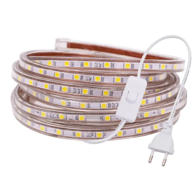 LED Tira de Luces 220V 230V 5050 Luz Cinta Impermeable Cuerda+Encendido/Apagado 2