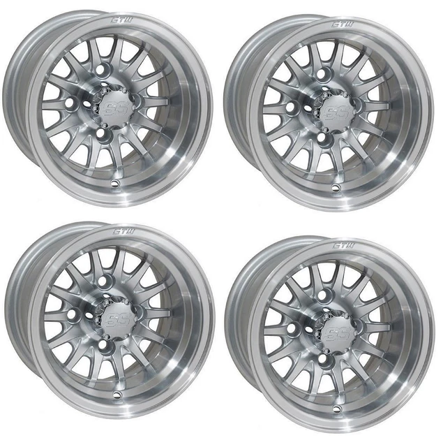 Golf Cart GTW 10x7 Machined Silver Medusa Wheels Set of 4 3:4 Offset 4/4