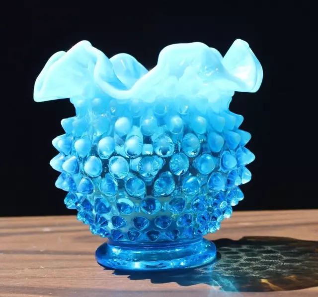 Vintage Fenton Art Glass Blue Opalescent Hobnail Vase Ruffled Edge