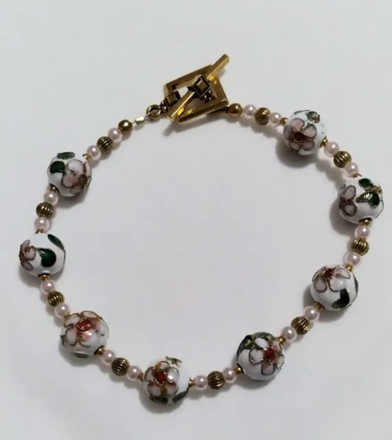 Vintage White Cloisonne Enamel Cherry Blossom Beads Gold Tone Bracelet 8.5 Inch
