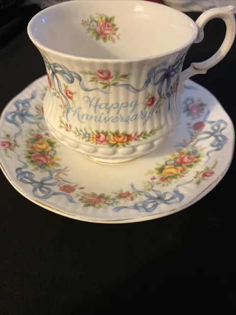 Queens Rosina Happy Anniversary Tea Cup Saucer Fine Bone China Made In England