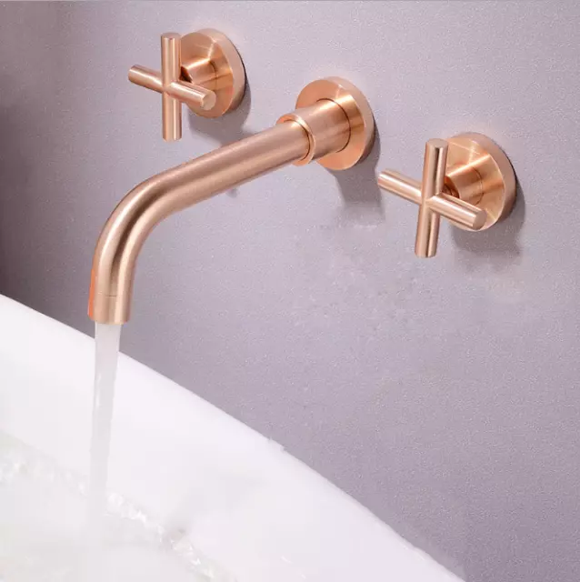 Antique Copper 3 Holes Wall Mount Bathroom Basin Sink Mixer Faucet 2 Handles Tap