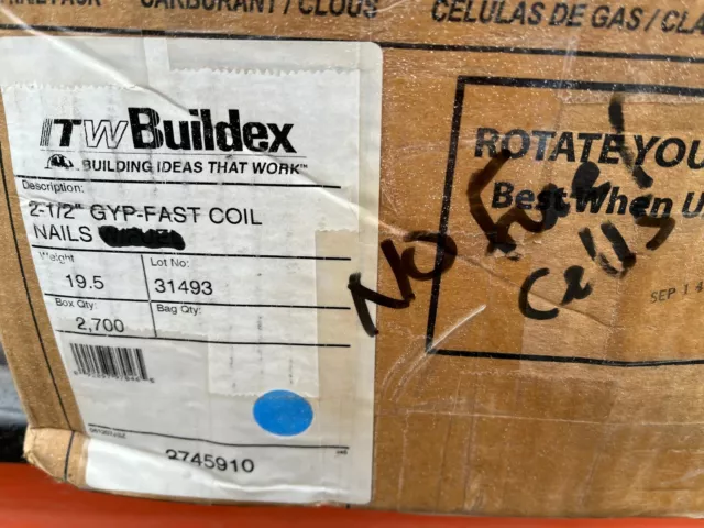 GYP Fast  ITW Buildex  2-1/2" COIL NAILS  QTY of 2700 Nails