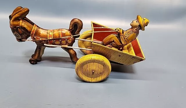 Vintage MARX TIN LITHO WIND UP DONKEY W FARMER + CART LITHO TOY w/Key WORKS