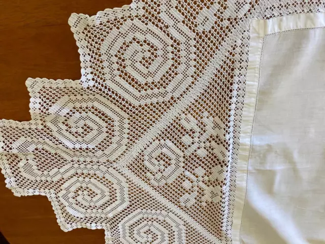 Antique White Tablecloth Deep Filet Crocheted Edges/Cotton Centre - Mary Card? 3