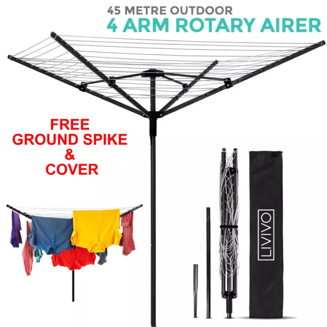 Rotary Airer 4 Arm 45M Outdoor Clothes Garden Washing Line Dryer Spike & Cover