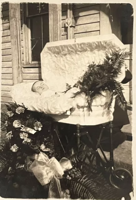 POST MORTEM  BABY in CASKET w Flowers - 1920s Sepia Original Photo Dead Funeral