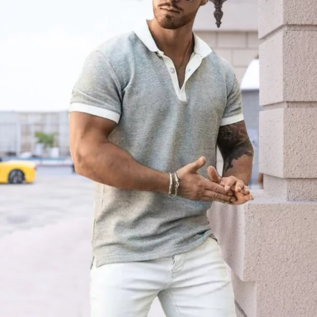 Men T-shirt Turndown Collar Splicing Short Sleeve Lapel Shirt Male