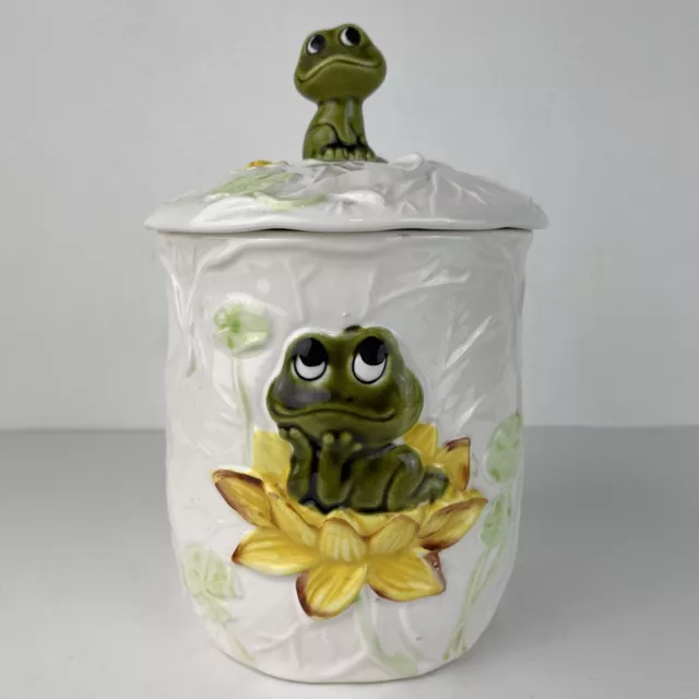 Vintage 1979 Sears Roebuck Co Ceramic Lidded Canister Frog on a Flower Japan 5"