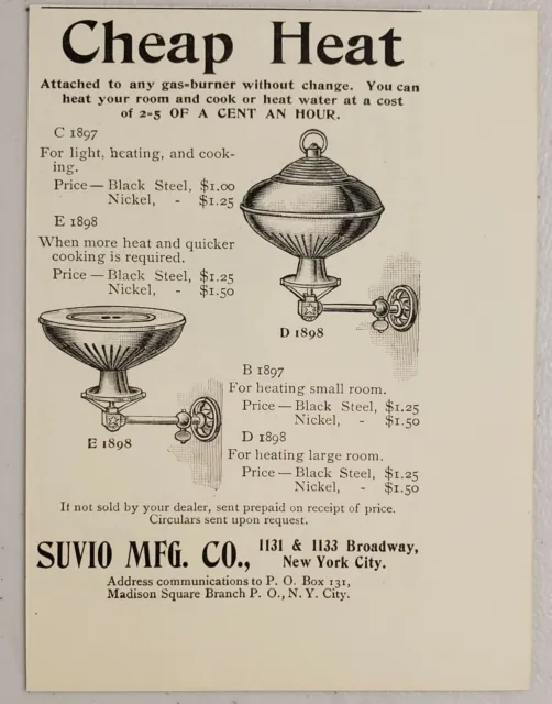 1898 Print Ad Suvio Mfg. Attach to Gas Burner heat Room & Cook New York,NY